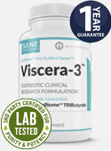 Image with 1 bottle of Viscera-3 with badges that say: 1 year guarantee, Lab tested