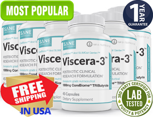 Image with 6 bottles of Viscera-3 with badges that say: 1 year guarantee, free USA shipping, Lab tested, and most popular.