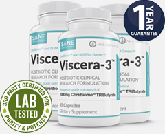 Image with 3 bottles of Viscera-3 with badges that say: 1 year guarantee, Lab tested