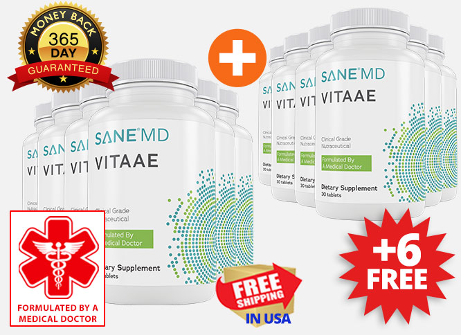 2 Bottles of Vitaae, and 2 bottles free, with promotional text that says: Lab tested For purity and potency, and 1 YEAR Guarantee