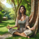 An image of a woman meditating under a tree to combat obesity and diabesity.