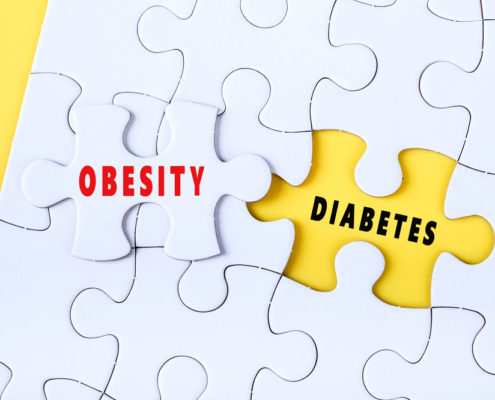 An image of a jigsaw puzzle with a piece pulled out reading obesity to be fitted over the missing area reading diabetes. 