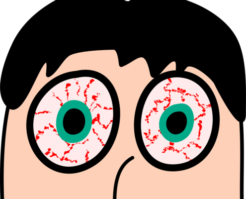 A cartoon rendering of a man with large bloodshot eyes.