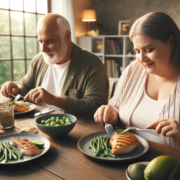 An image of a man and woman eating a healthy dinner to avoid taking diet pills.