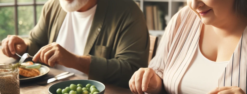 An image of a man and woman eating a healthy dinner to avoid taking diet pills.