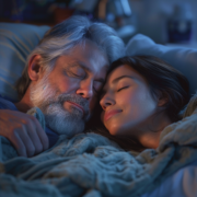An image of a man and woman sleeping peacefully in bed, which helps prevent diabesity by burning belly fat.