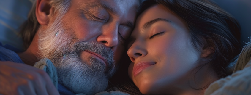 An image of a man and woman sleeping peacefully in bed, which helps prevent diabesity by burning belly fat.