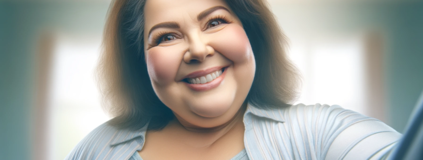 An image of an obese woman happy with her recent nutrient-based weight loss.