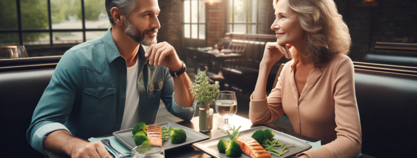 An image of a man and woman eating a healthy diet filled with vitamins that help lower setpoint weight.