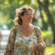 An image of an obese woman walking in the park to lose weight.