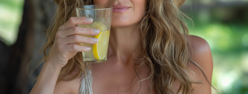 An image of a woman drinking lemon water for summer weight loss.