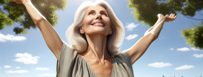 An image of a woman with arms outstretched toward the sky, happy to lead a healthy lifestyle.