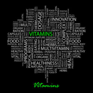 An image of a word collage of words associated with vitamins, such as dosage, multi, and food.