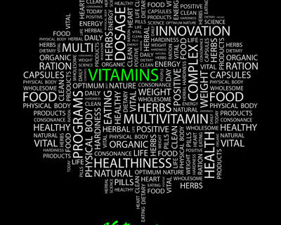 An image of a word collage of words associated with vitamins, such as dosage, multi, and food.