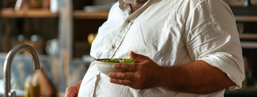 An obese man is eating a salad to battle male obesity.