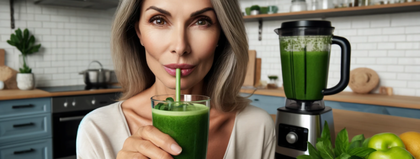 An image of a woman drinking a green smoothie for the setpoint diet plan.