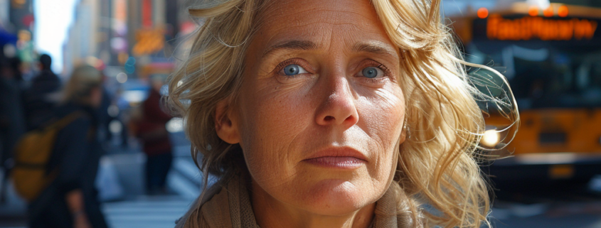 An image of a woman with anxiety on a city sidewalk.