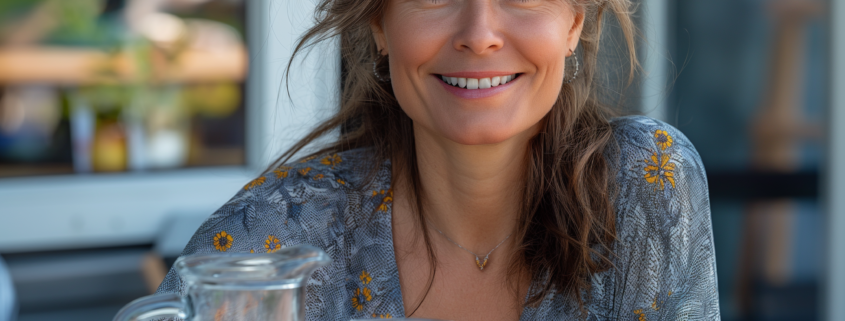 An image of a woman sitting at a patio table with ice water to manage diabetes.