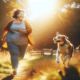 An image of an obese woman playing with her dog to combat obesity.