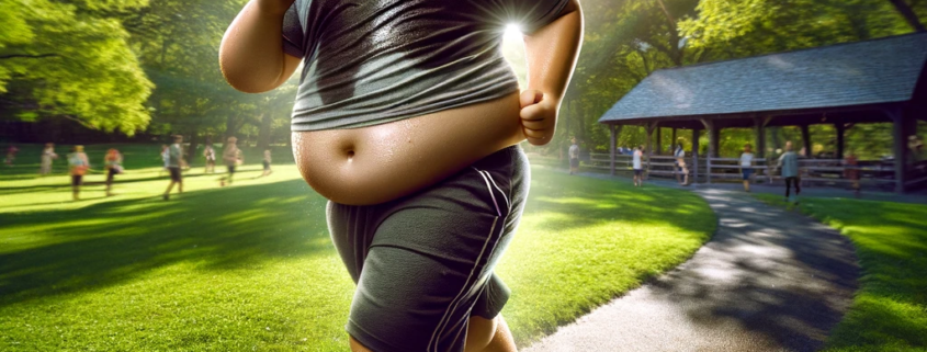 An image of an obese child jogging to end childhood obesity.