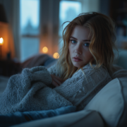 An image of a depressed woman sitting on a sofa in a darkened room.