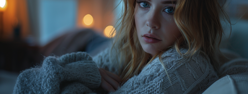 An image of a depressed woman sitting on a sofa in a darkened room.