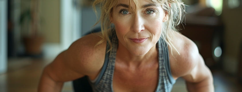 An image of a woman during a push up to reduce belly fat.