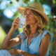 An image of a woman drinking ice water on a summer day to prevent inflammation.