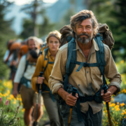 An image of men and women hiking in the wilderness for diabesity prevention.