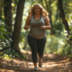 An image of an overweight woman jogging with the goal of preventing obesity.