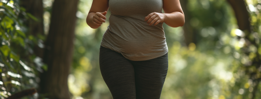 An image of an overweight woman jogging with the goal of preventing obesity.