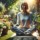 An image of a woman meditating by a flower garden to help prevent type 2 diabetes.