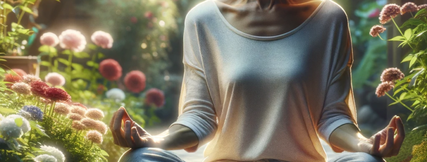 An image of a woman meditating by a flower garden to help prevent type 2 diabetes.