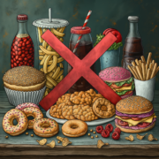A cartoon image of junk food on a table with a huge X across the display.