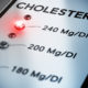 An image of a gauge that measures cholesterol levels, with a red light on at the 240 Mg/Dl level.
