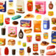 An image of various processed foods, including soda, cereal, cookies, syrup, French fries, and pancakes.