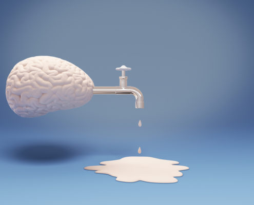 A graphical image of a human brain with a faucet attached to it, dripping liquid on the floor. 
