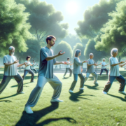 An image of men and women practicing Tai Chi to balance their hormones