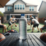 An image of a water bottle with sports activity in the background to boost setpoint metabolism.