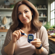 An image of a woman taking her blood glucose reading for diabetes.