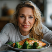 An image of a woman eating salmon and broccoli to reverse type 2 diabetes.