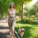 An image of a woman walking her dog for brain health.