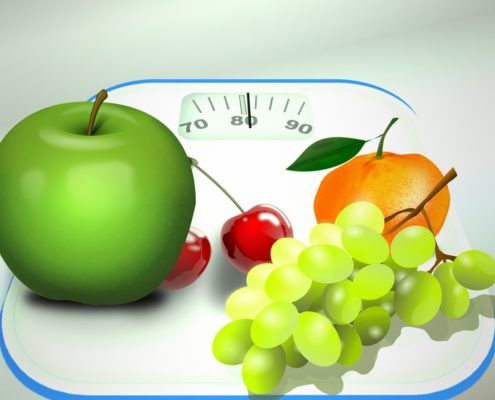 A cartoon rendering of a bathroom scale with an apple, cherries, green grapes, and a tangerine on top of it.