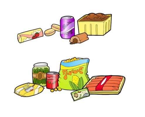 A cartoon rendering of various foods.