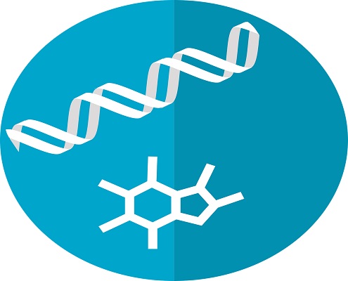 A graphical image of a double helix and a symbol for metabolism.