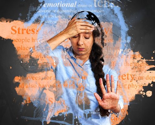 A graphical image of a stressed woman holding her forehead.