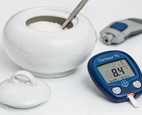 An image of a glucose monitor and a bowl of sugar on a white background. 