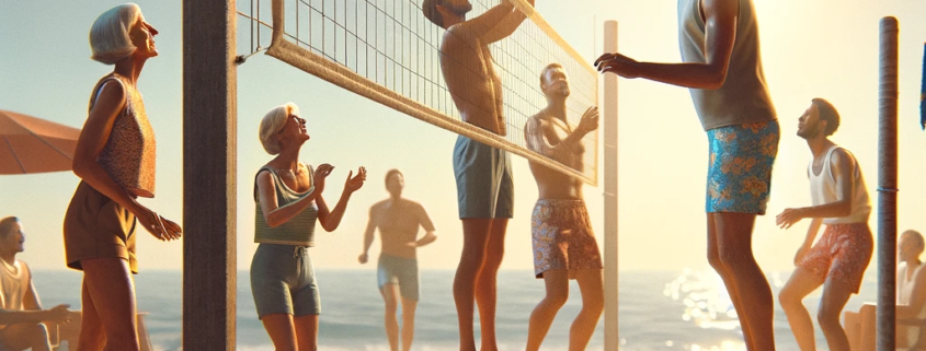 An image of men and women playing volleyball on the beach to avoid a diabesity diagnosis.