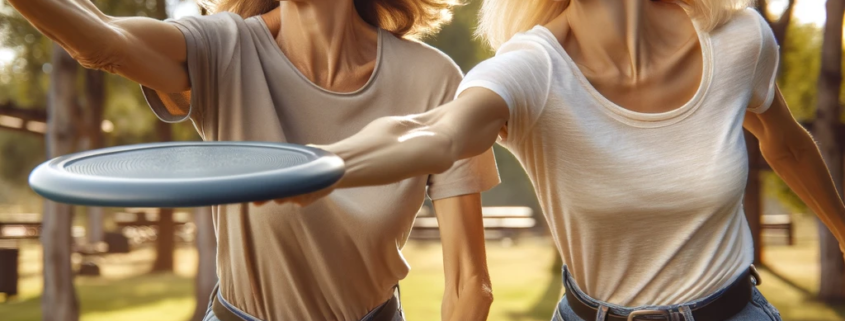 An image of two women playing frisbee to fight diabesity with exercise.
