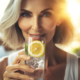 An image of a woman drinking water with lemon as part of the setpoint diet.